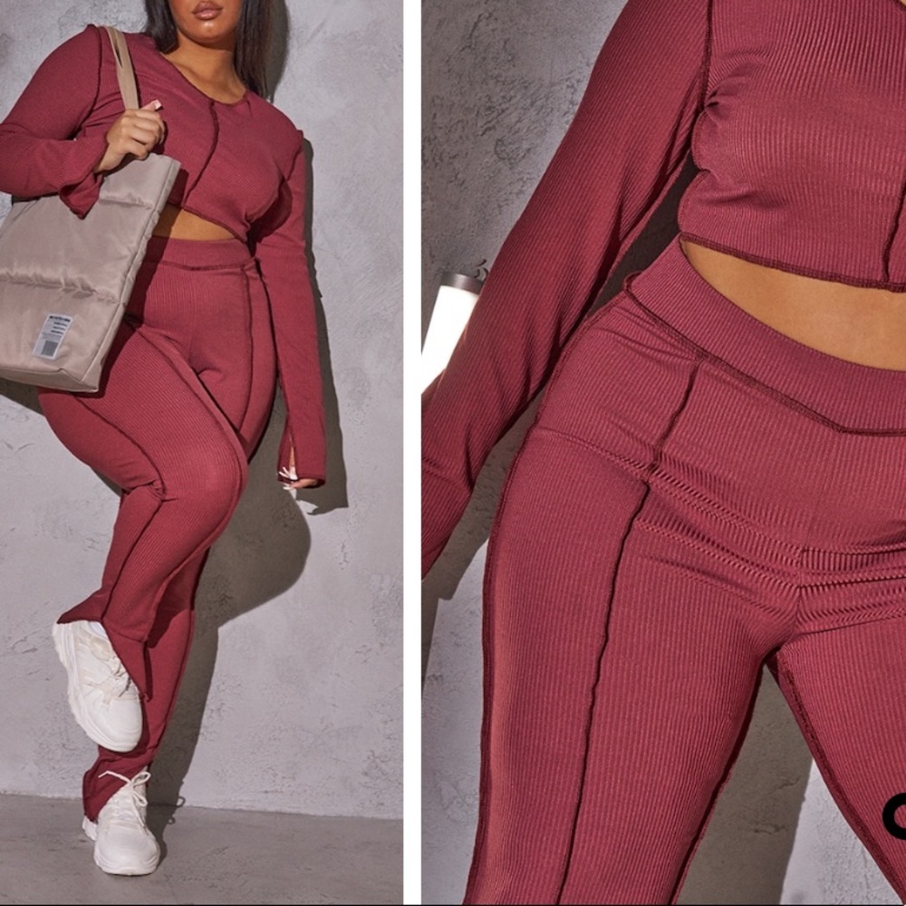 RENEW RED SPLIT SLEEVE SEAM DETAIL CROP TOP & SPLIT HEM SEAM DETAIL LEGGINGS-PLT